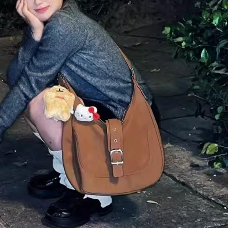 Brown Suede Crescent Hobo Bag with Silver Buckle