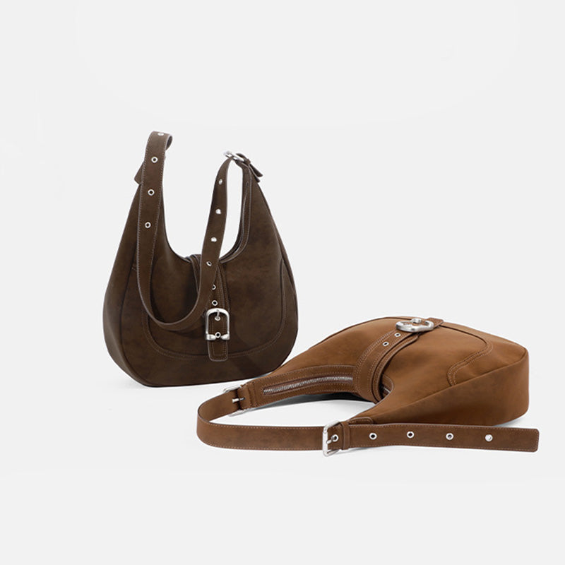 Brown Suede Crescent Hobo Bag with Silver Buckle