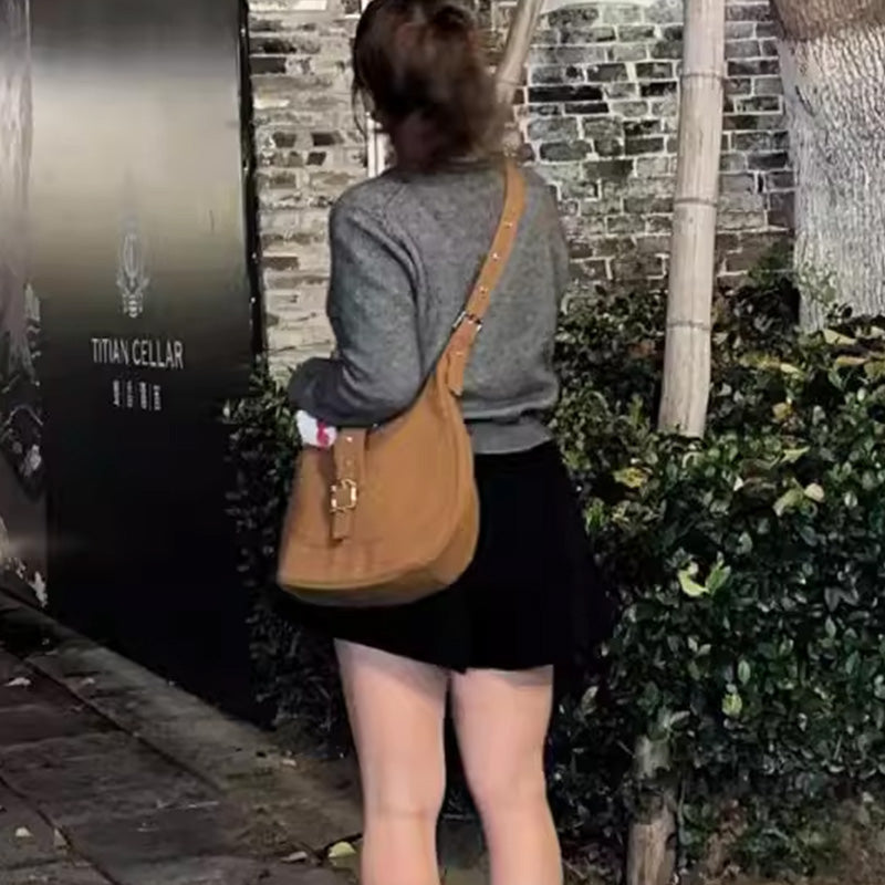 Brown Suede Crescent Hobo Bag with Silver Buckle