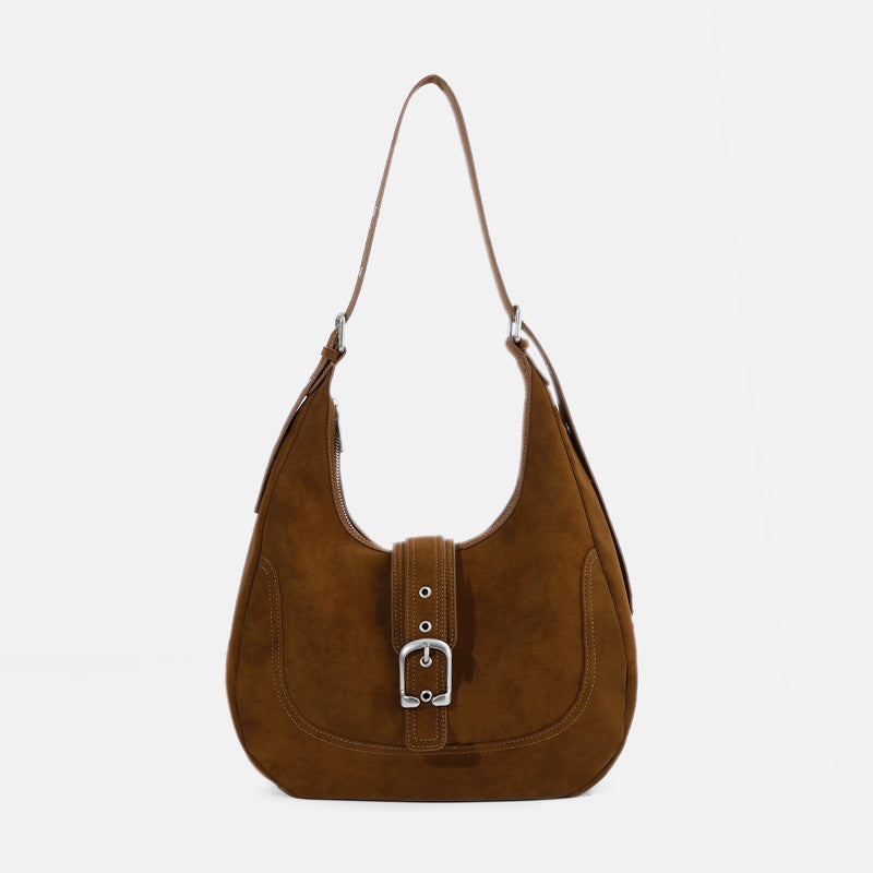 Brown Suede Crescent Hobo Bag with Silver Buckle
