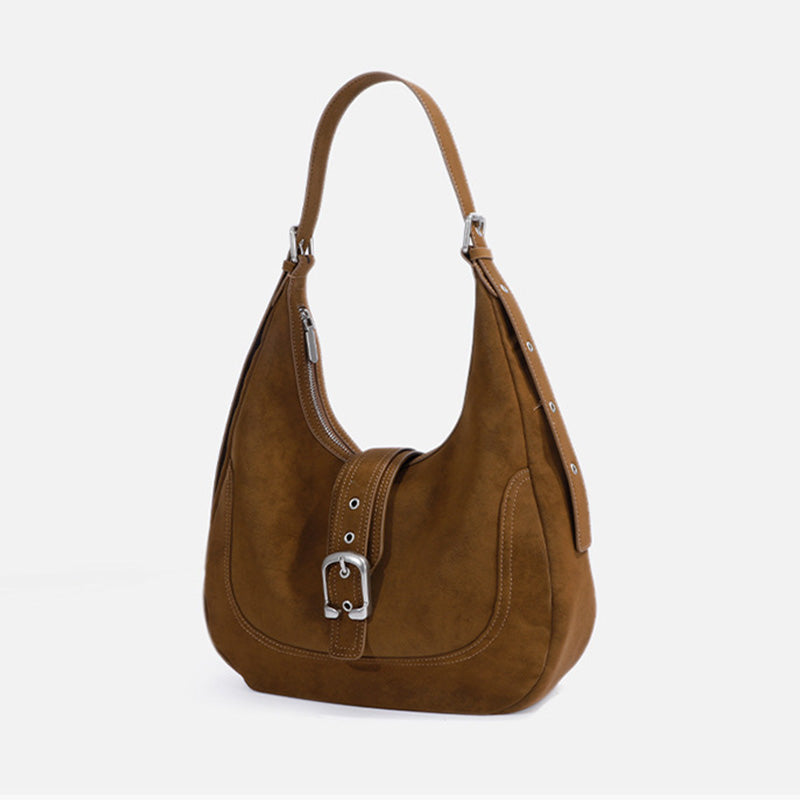 Brown Suede Crescent Hobo Bag with Silver Buckle