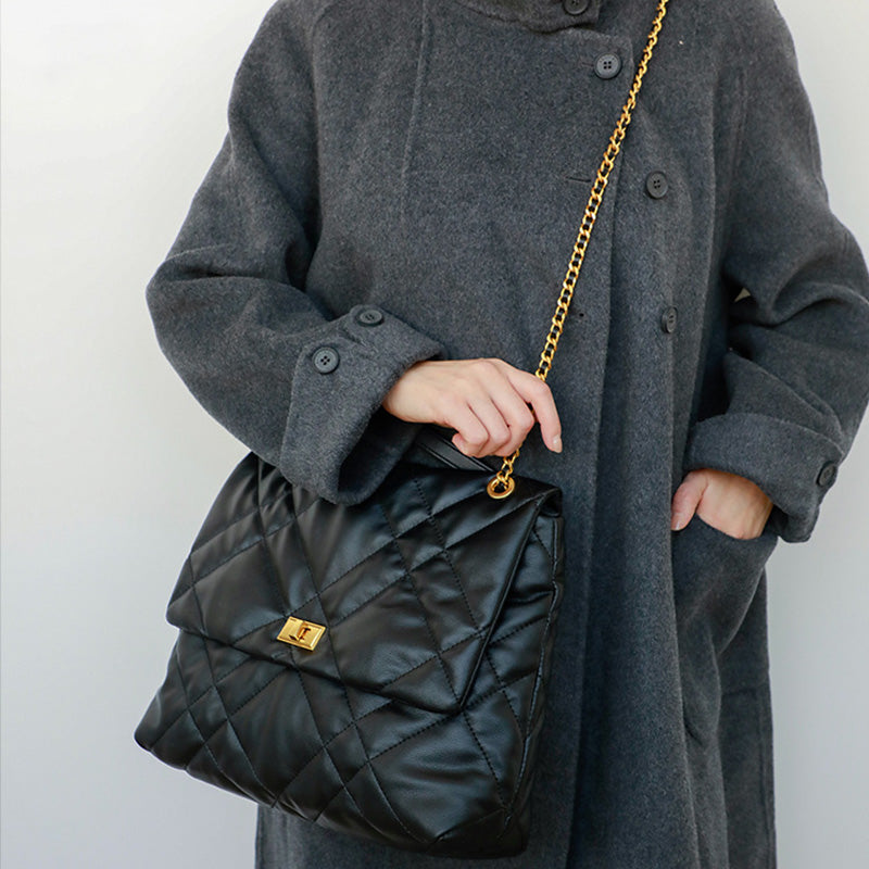 Elegant Quilted Black Shoulder Bag with Gold Hardware