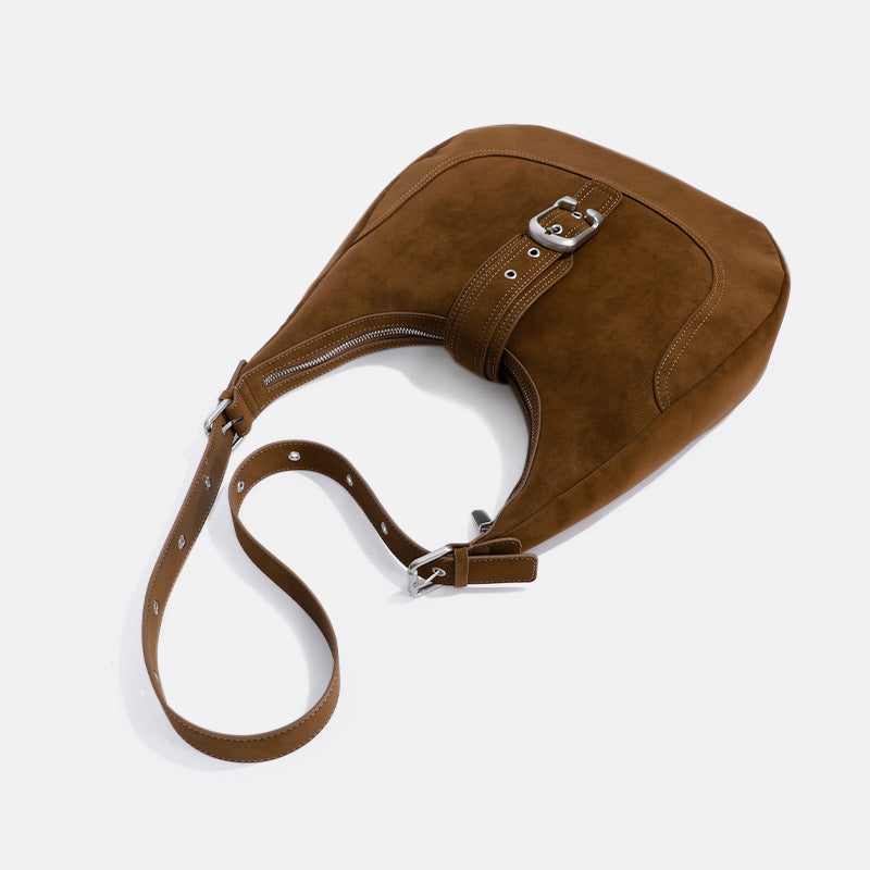 Brown Suede Crescent Hobo Bag with Silver Buckle