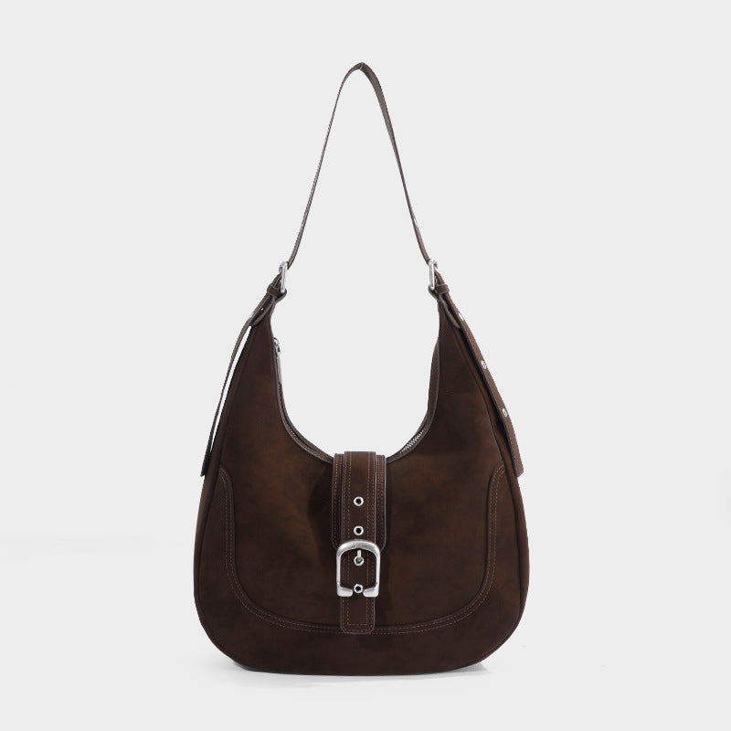 Brown Suede Crescent Hobo Bag with Silver Buckle